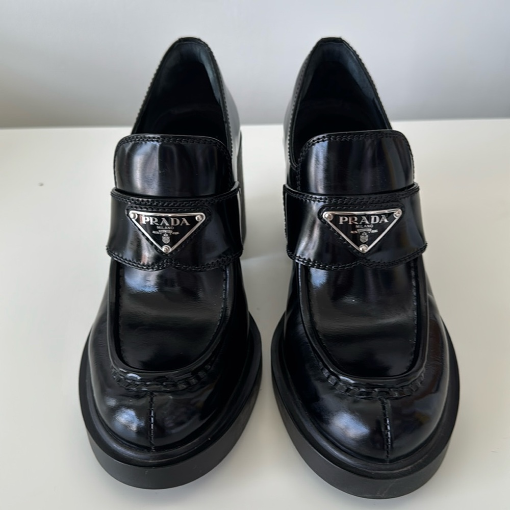 Prada Women's Chocolate Brushed Leather Heeled loafers size 36.5 - Picture 2 of 16